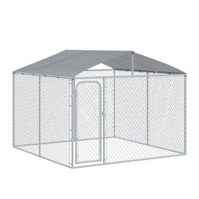 Dog Kennel Outdoor Run Fence with Roof, Steel Lock, Mesh Sidewalls for Backyard & Patio, 9.8' x 9.8' x 7.7' (Option: SILVER)