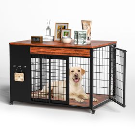 42-Inch Double Wide Wooden Double-Door Dog Crate Side Table Combo (Color: Brown)