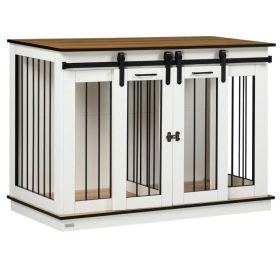 47in Dog Crate Furniture with Divider Panel, Wooden Dog Kennel TV Stand for Large Breeds, Pet House Side Table for 2 Small Breeds with 2 Rooms De (Option: White)
