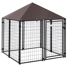 Outdoor Dog Kennel, Welded Wire Steel Fence, Lockable Pet Playpen Crate, with Water-, UV-Resistant Canopy Top, Door, 4.6ft x 4.6ft x 5ft, Black (Option: Black)